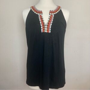 Lucky Brand Black Boho Sleeveless Top with Embroidered Neckline Sz L
